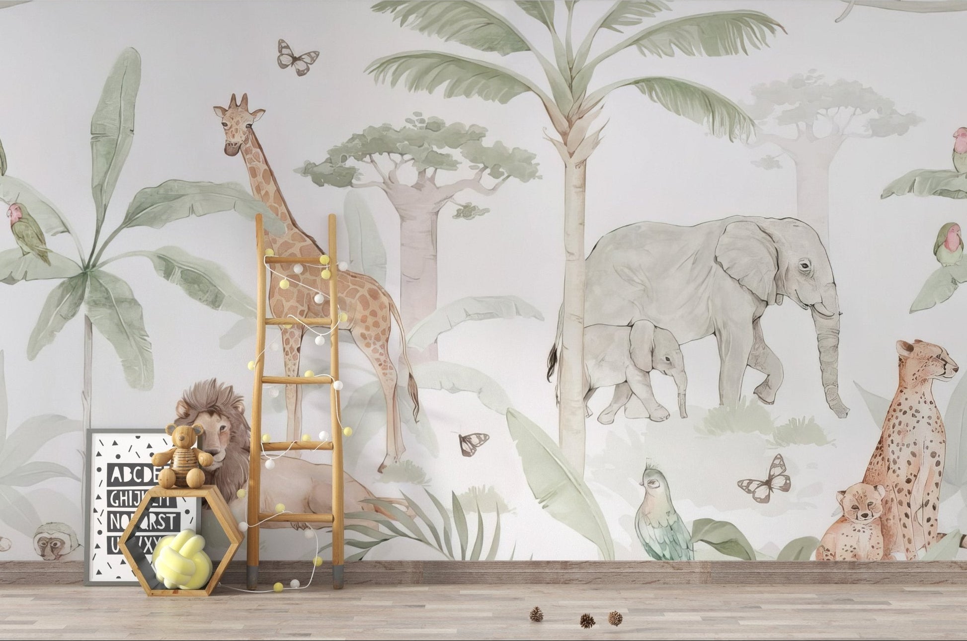 Soft aesthetic african animals wall mural for an apartment.