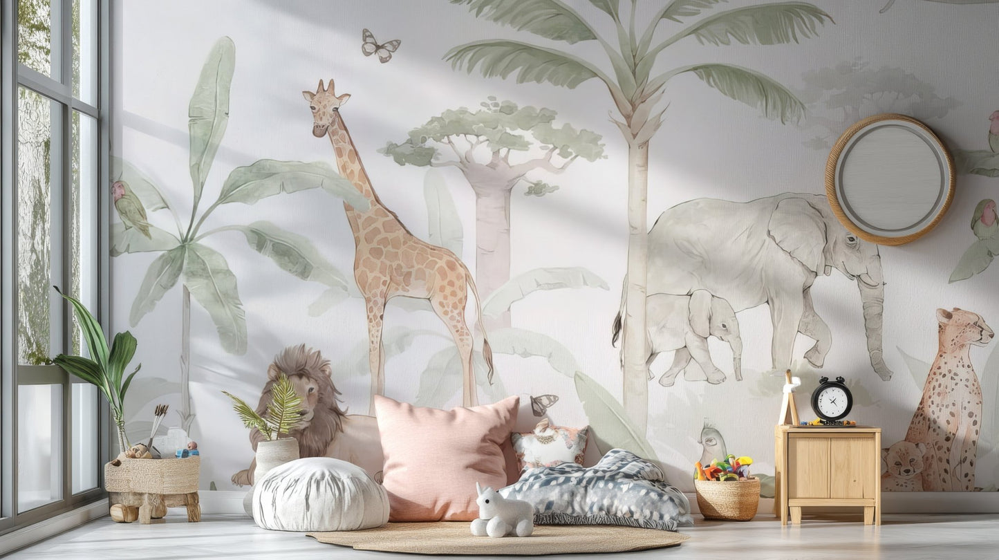 African savannah wall mural with watercolor lion and giraffe wallpaper.