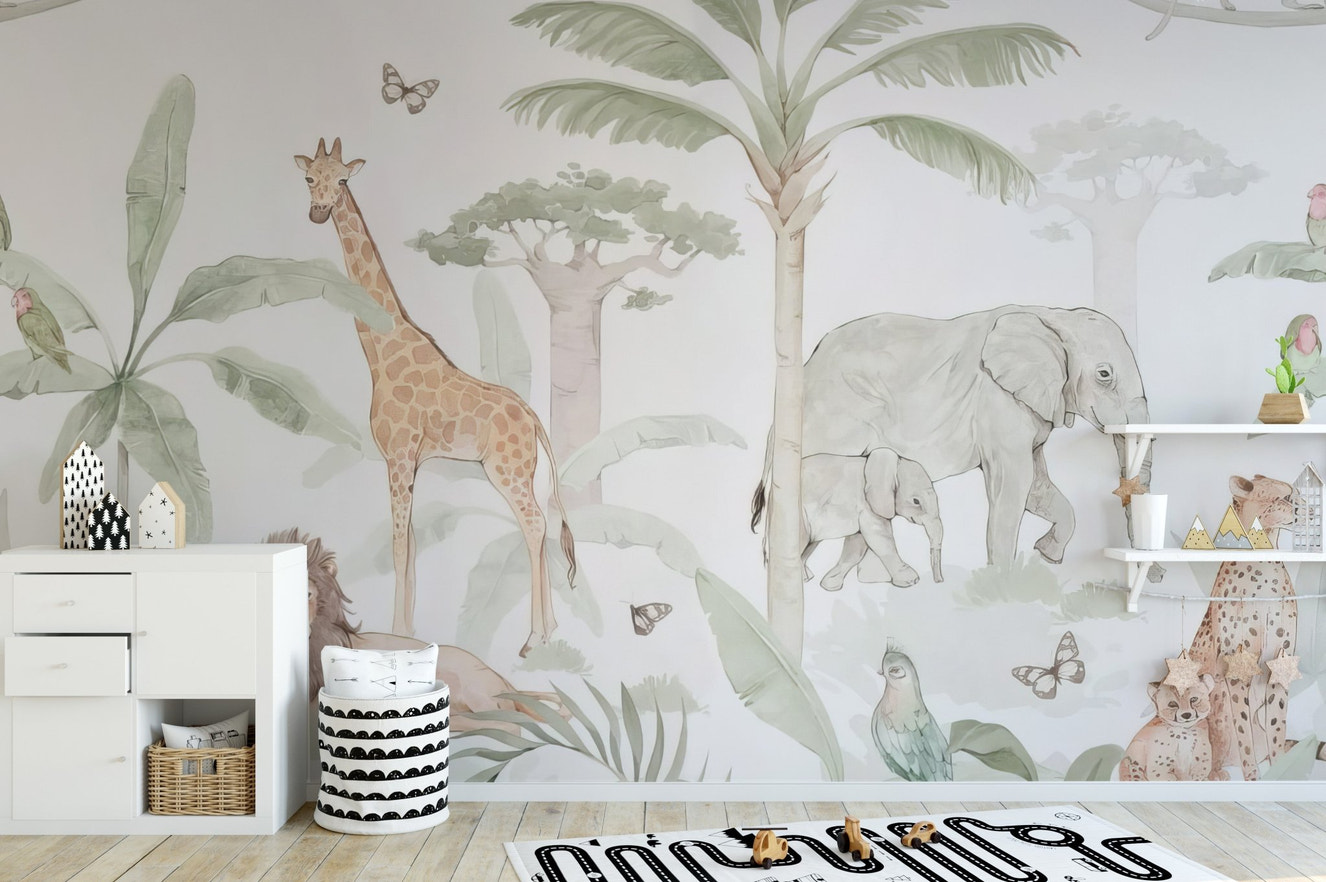 Exotic wildlife pattern with lion and giraffe wall mural.