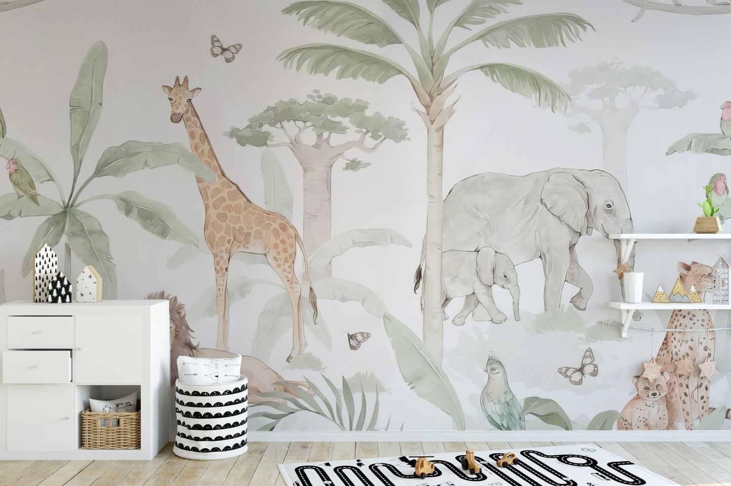 Exotic wildlife pattern with lion and giraffe wall mural.