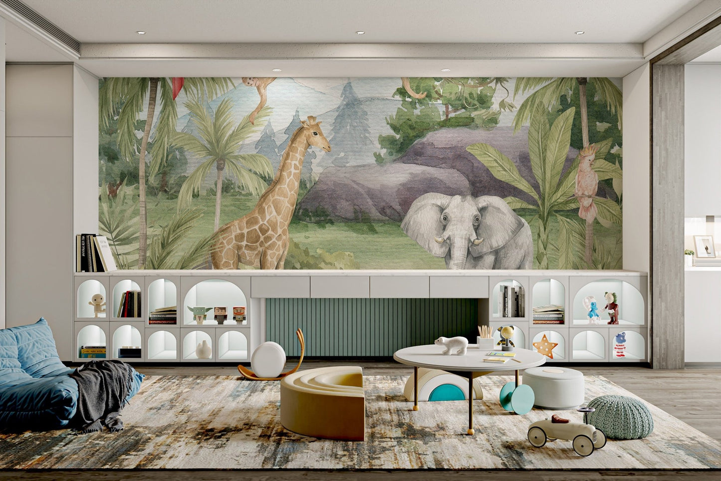 Watercolor African animal mural for vibrant play room.