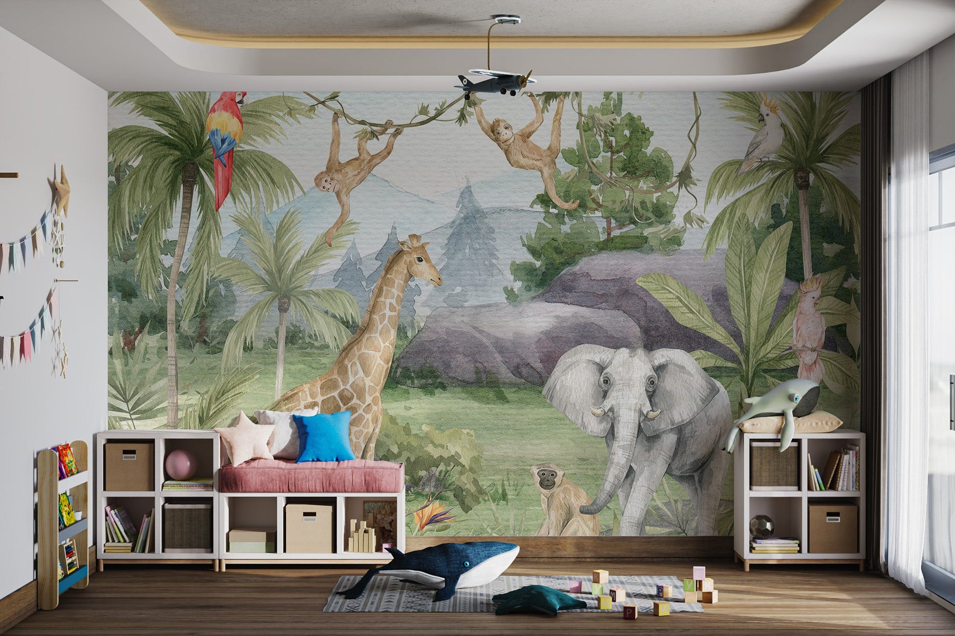 African theme wall mural with monkey and elephant in play area.