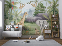 Playroom wall mural with watercolor monkeys on vines.