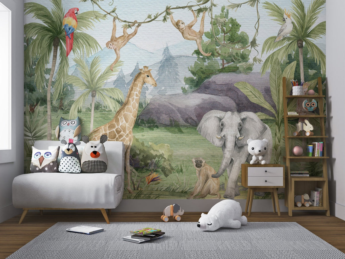 Playroom wall mural with watercolor monkeys on vines.
