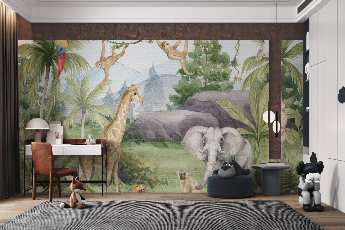 Kids study room featuring watercolor elephant and giraffe wall mural.