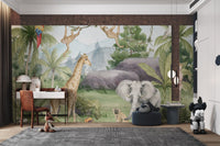 Kids study room featuring watercolor elephant and giraffe wall mural.