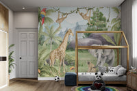 Grey and green watercolor animal wall mural for children's bedroom.