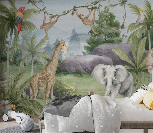 African watercolor animal wall mural in kids bedroom with giraffe.