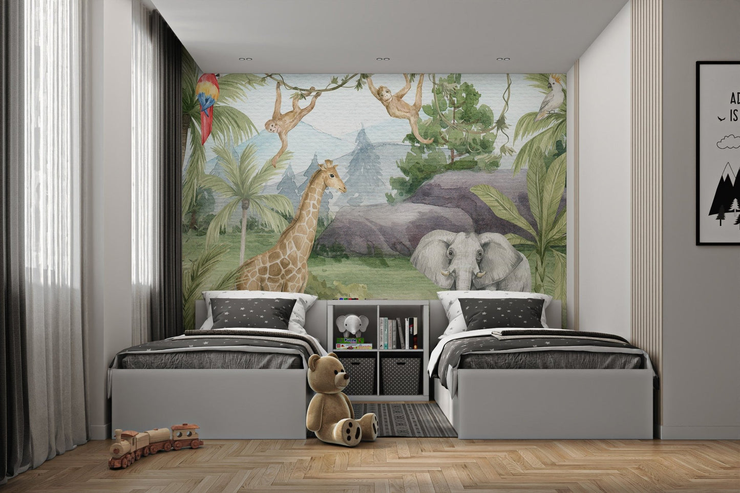 Shared kids bedroom wall mural with watercolor jungle animals.
