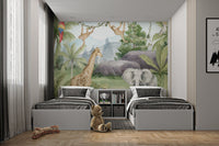 Shared kids bedroom wall mural with watercolor jungle animals.