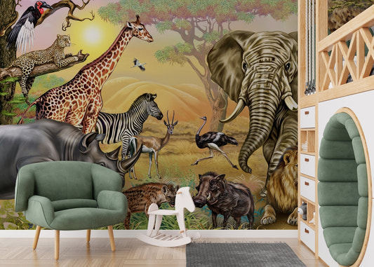 Large african elephant wall mural behind a green armchair in a modern nursery.