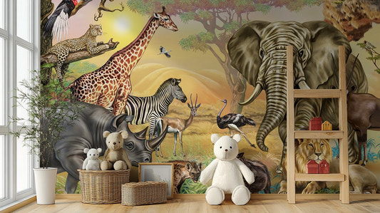 African Zoo Safari Wallpaper Murals in a bright kids room with soft toys.