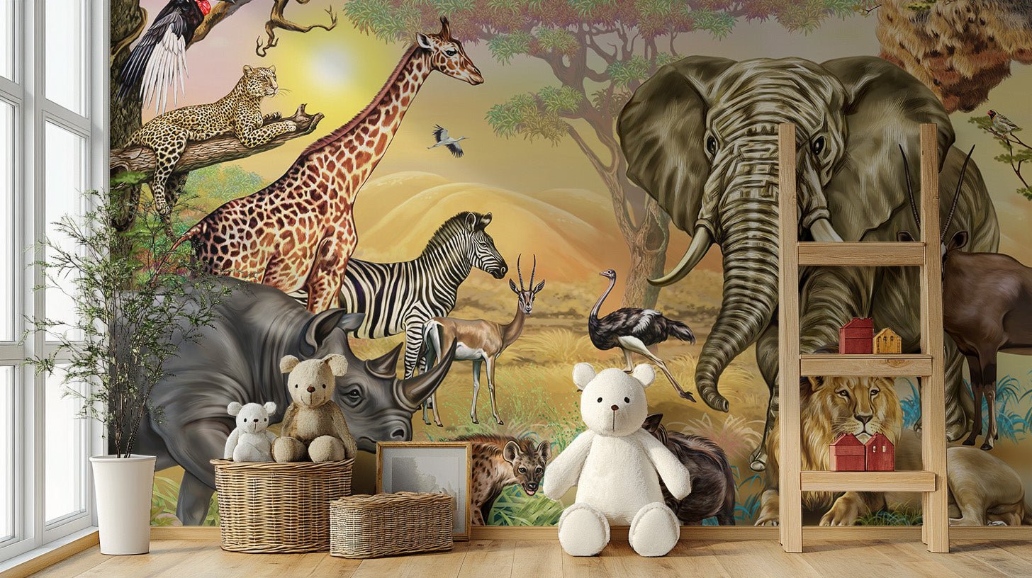 African Zoo Safari Wallpaper Murals in a bright kids room with soft toys.