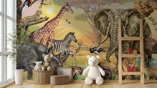 African Zoo Safari Wallpaper Murals in a bright kids room with soft toys.