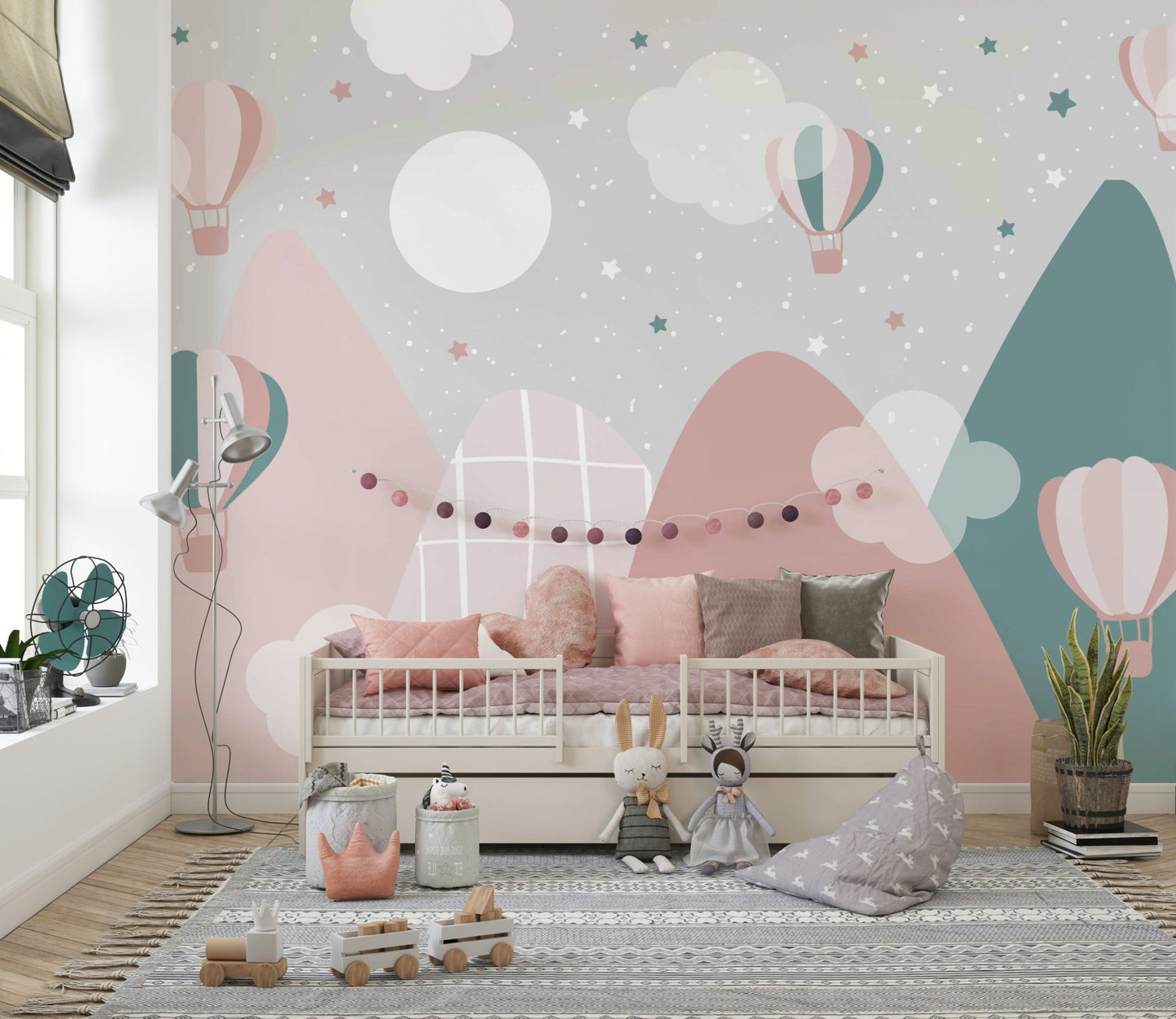 Detailed hot air balloon patterns for feature wall wallpaper.