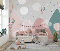 Detailed hot air balloon patterns for feature wall wallpaper.