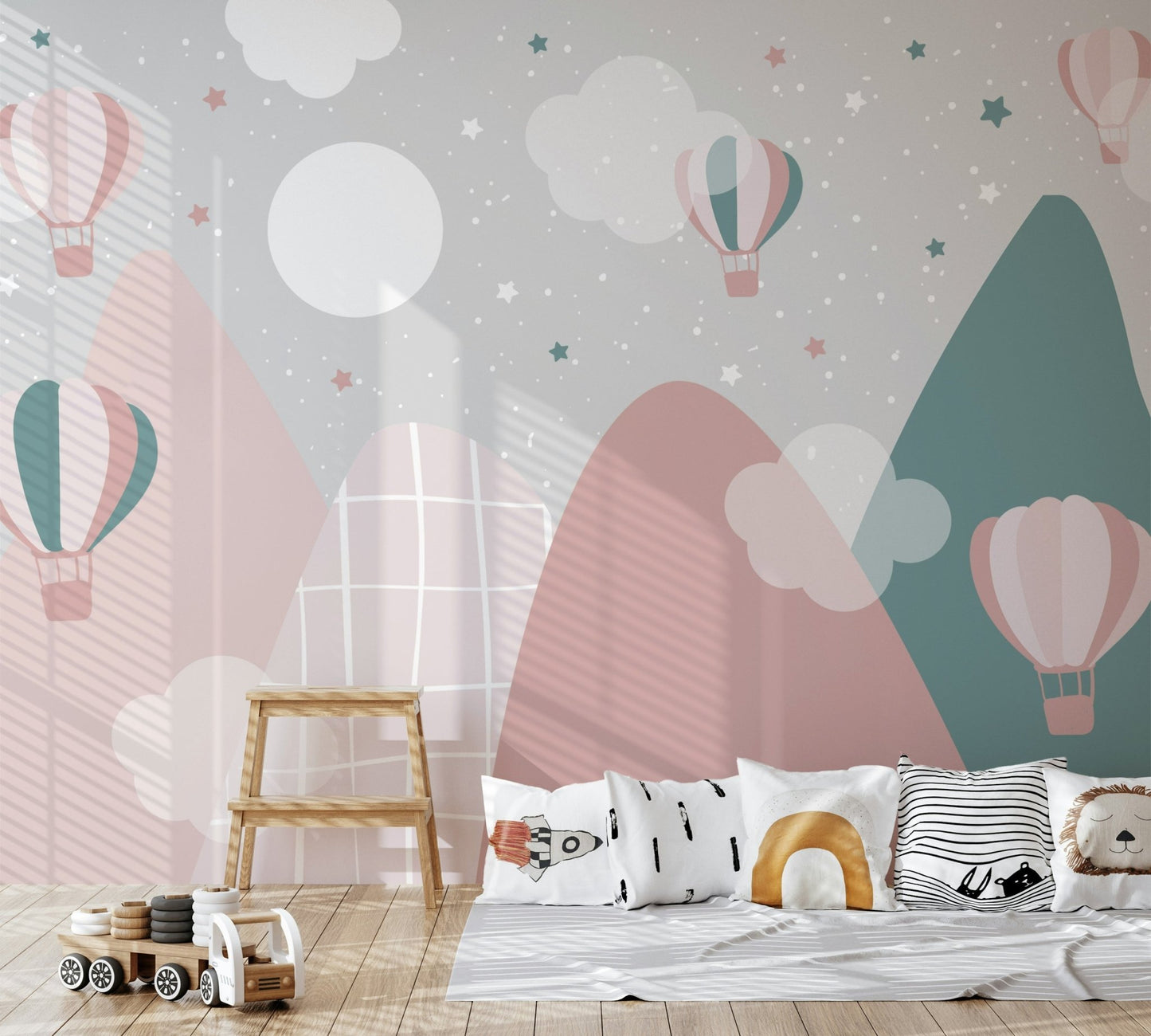 Soft pastel clouds and air balloon adventure wall mural.