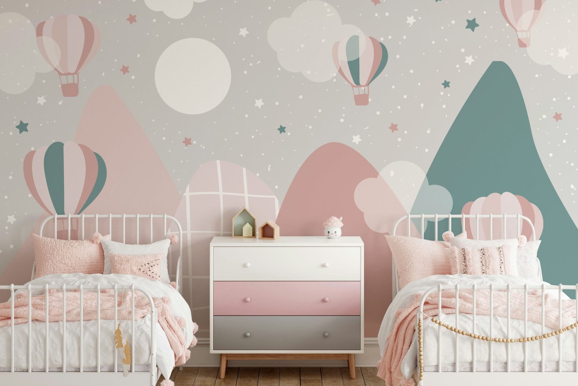 Muted grey and gold tones on air balloon adventure wall mural.