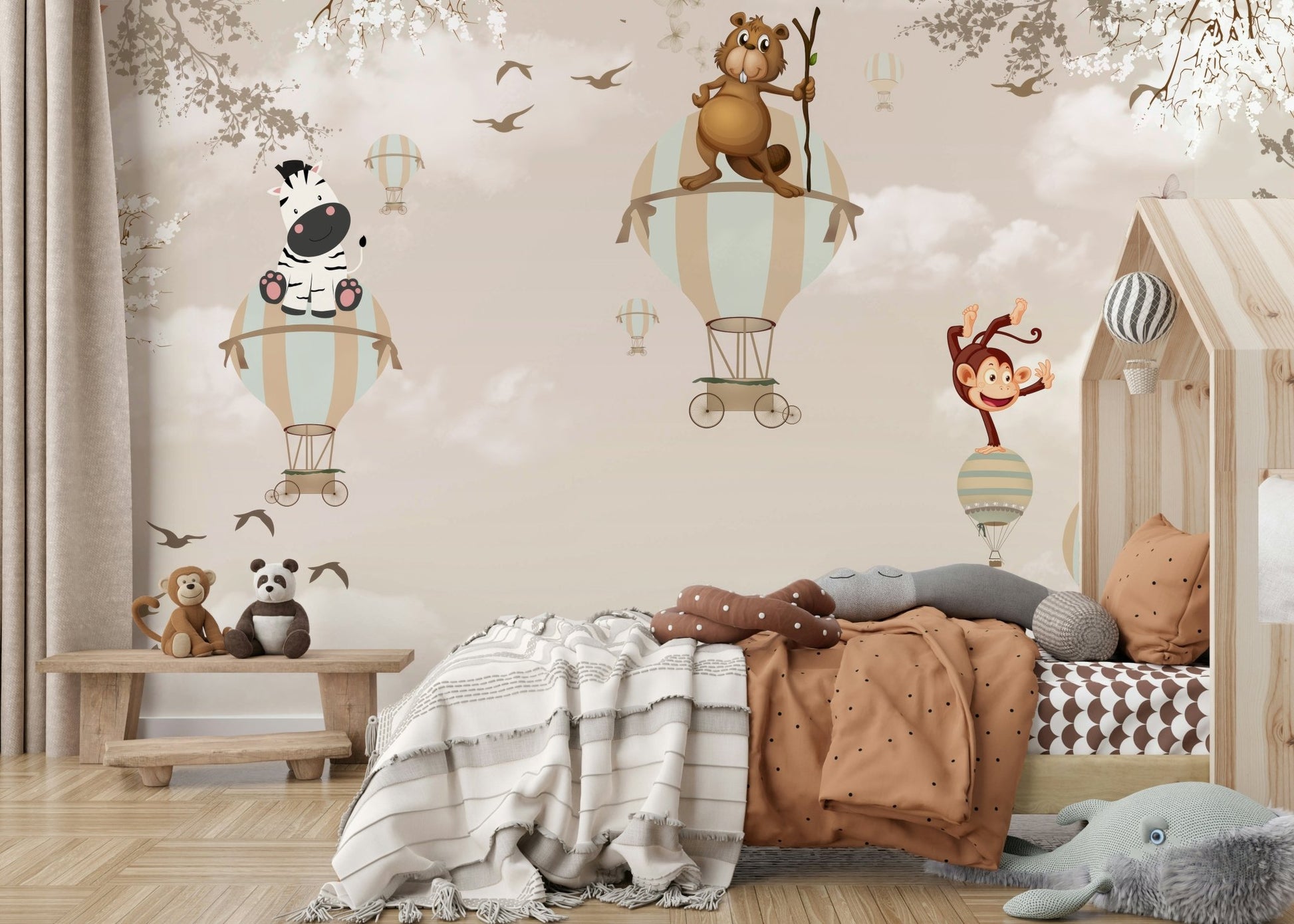 Bold sky scene on a large feature wall in a playroom.