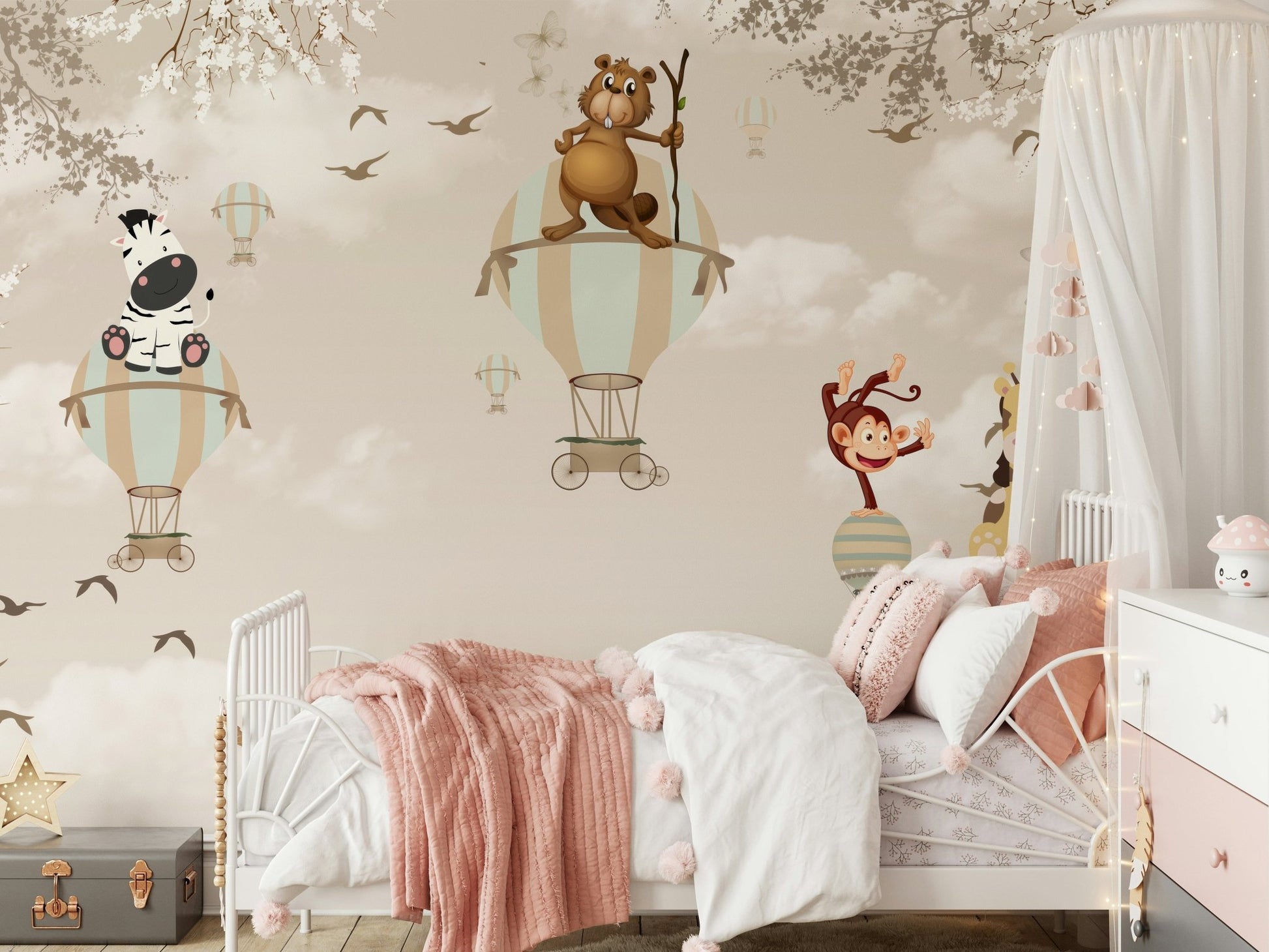 Playful aviation wallpaper for a serene bedroom feature wall.