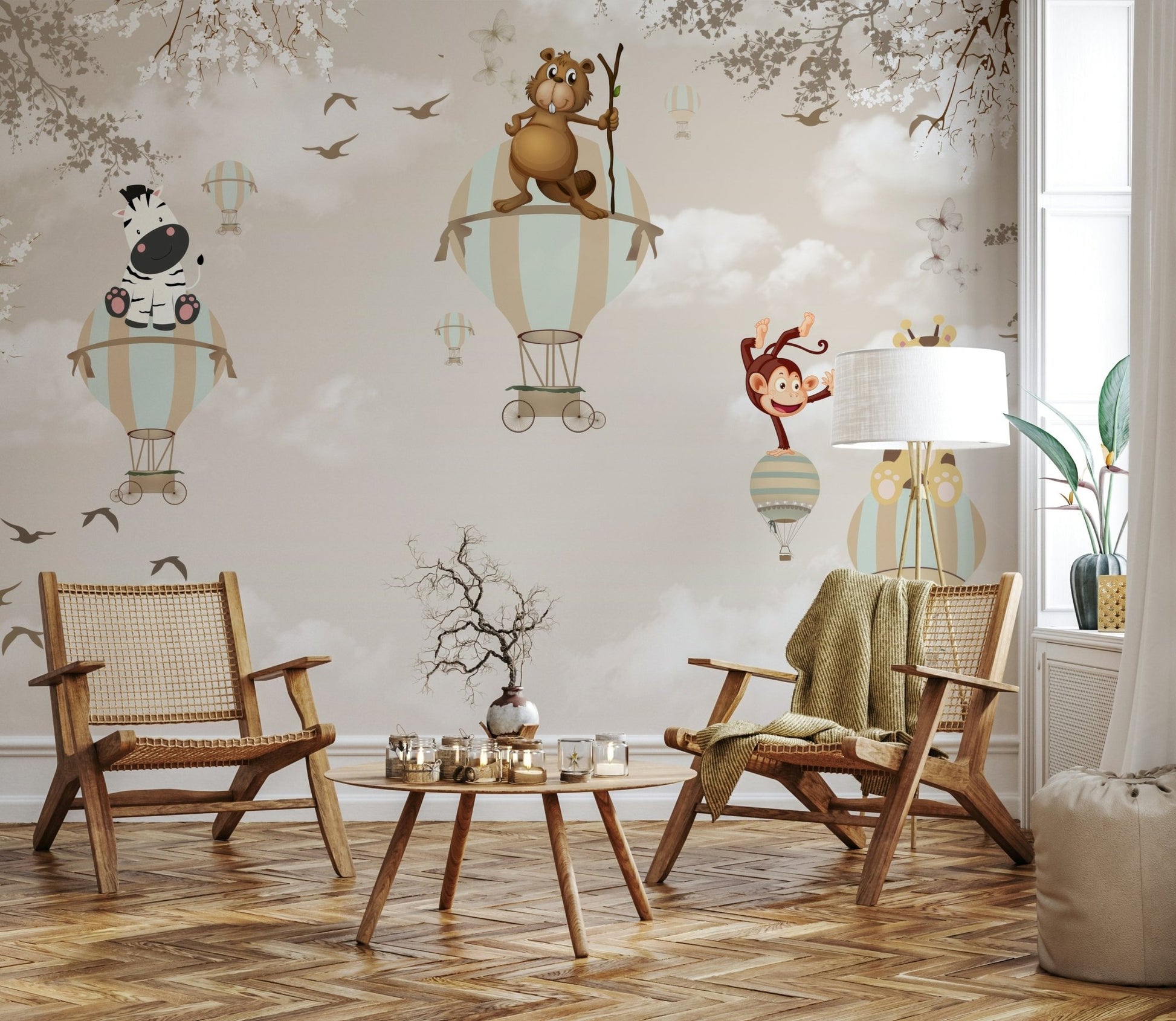 Whimsical Airborne Adventure wall mural in a modern living room.