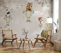 Whimsical Airborne Adventure wall mural in a modern living room.
