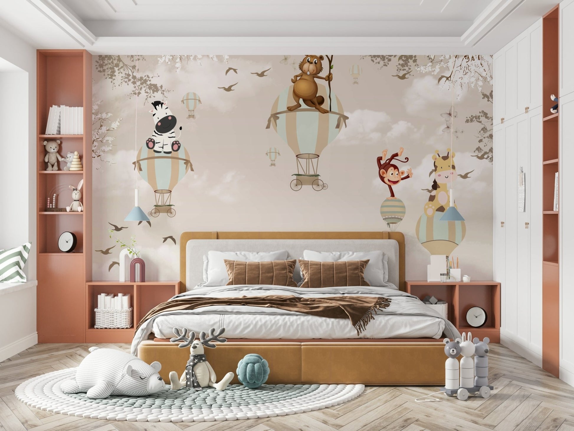 Playful aviation wallpaper for a serene bedroom feature wall.