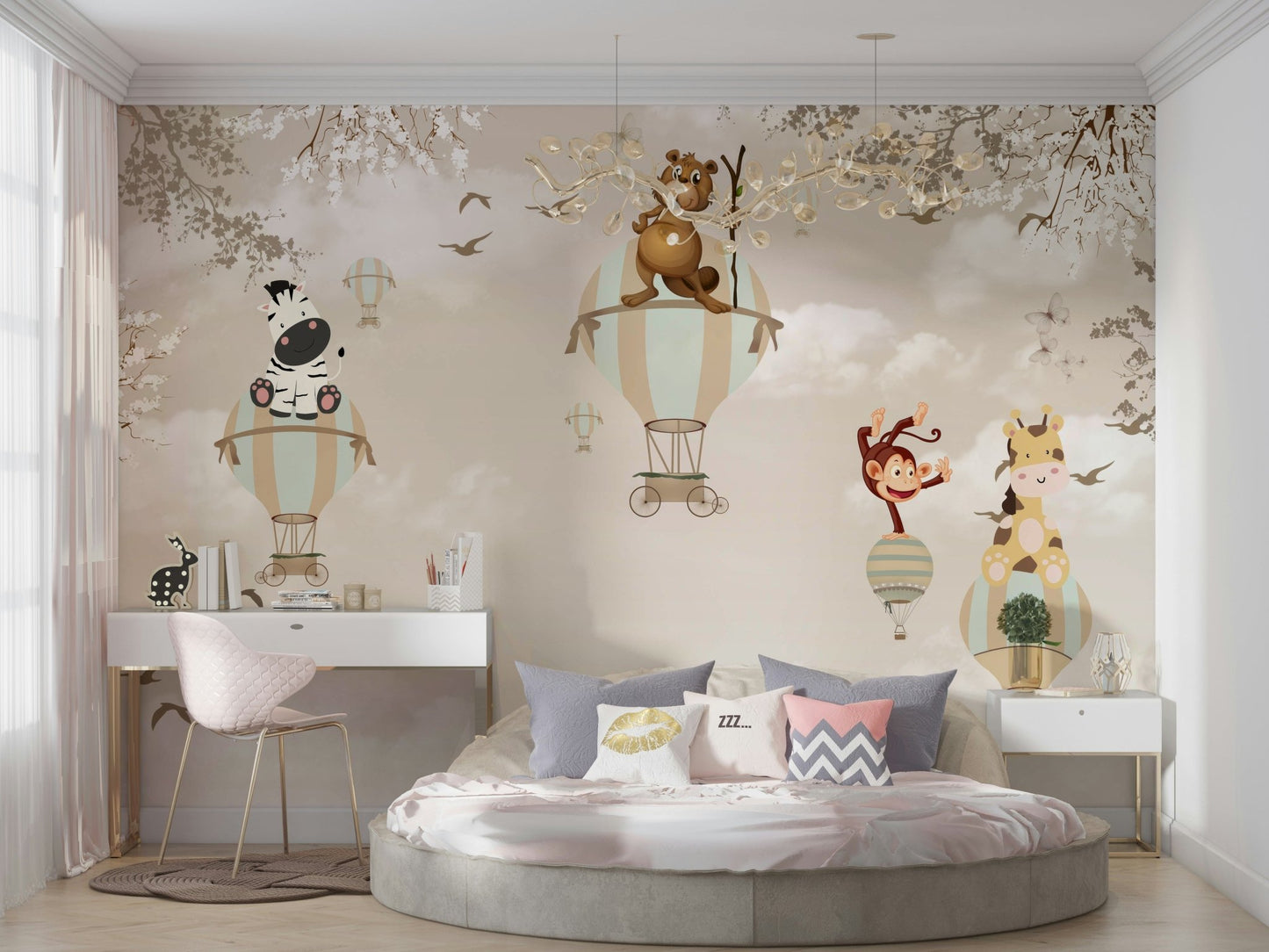 Nursery wall decor featuring soft cloud and vintage plane details.