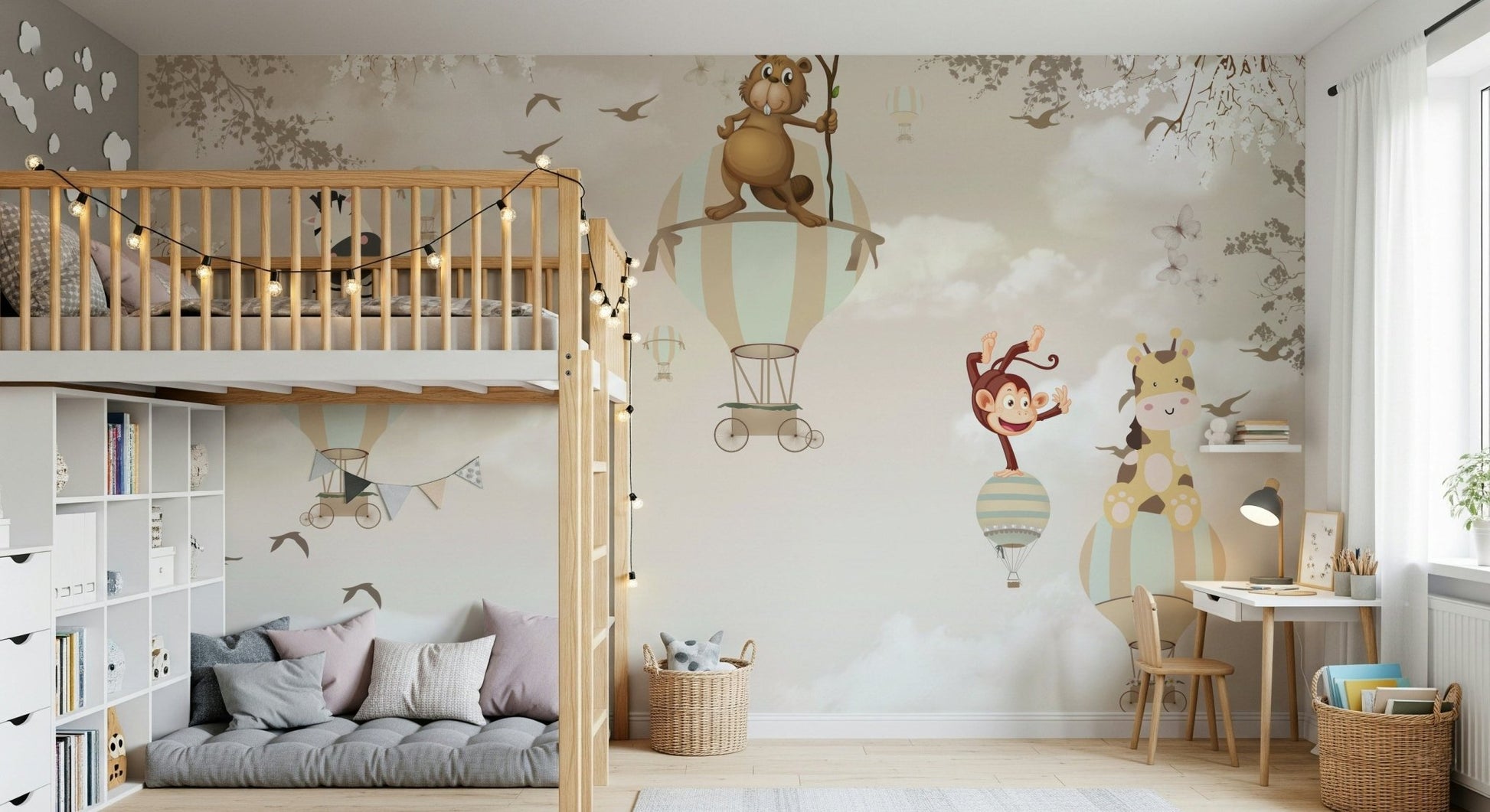 Light airy background with colorful aircraft for modern spaces.