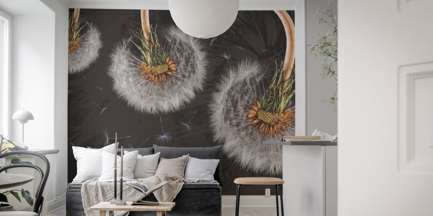 Serene dandelion blooms mural with airborne elegance in living room.
