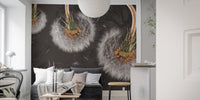 Serene dandelion blooms mural with airborne elegance in living room.
