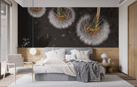 Floating dandelion blooms mural for elegant bedroom wall decor.
