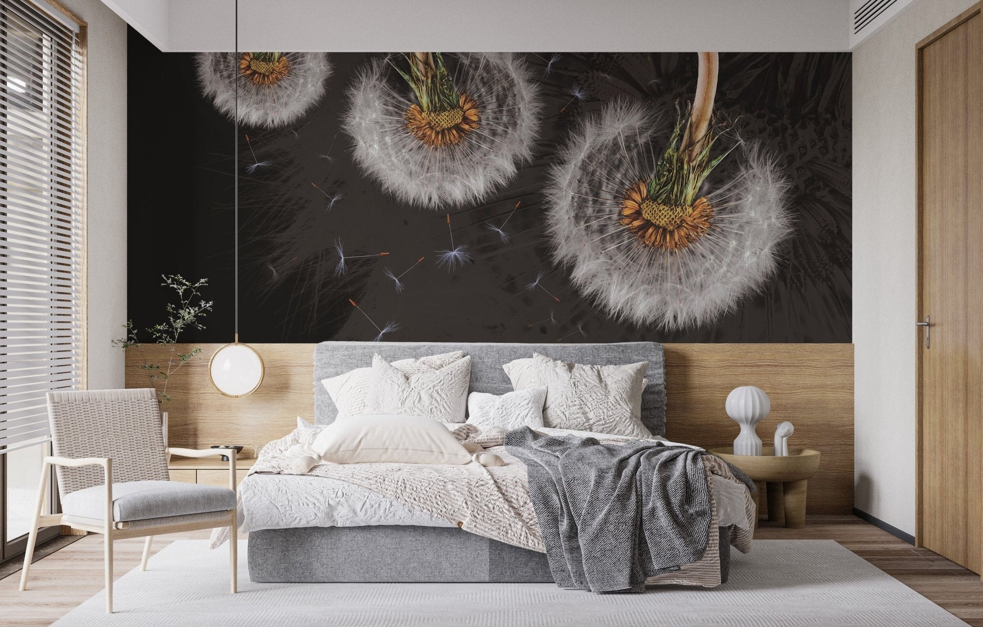Floating dandelion blooms mural for elegant bedroom wall decor.
