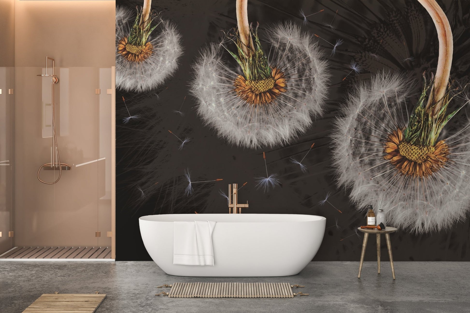 Elegant dandelion wall mural with airy, floating blooms in bathroom.
