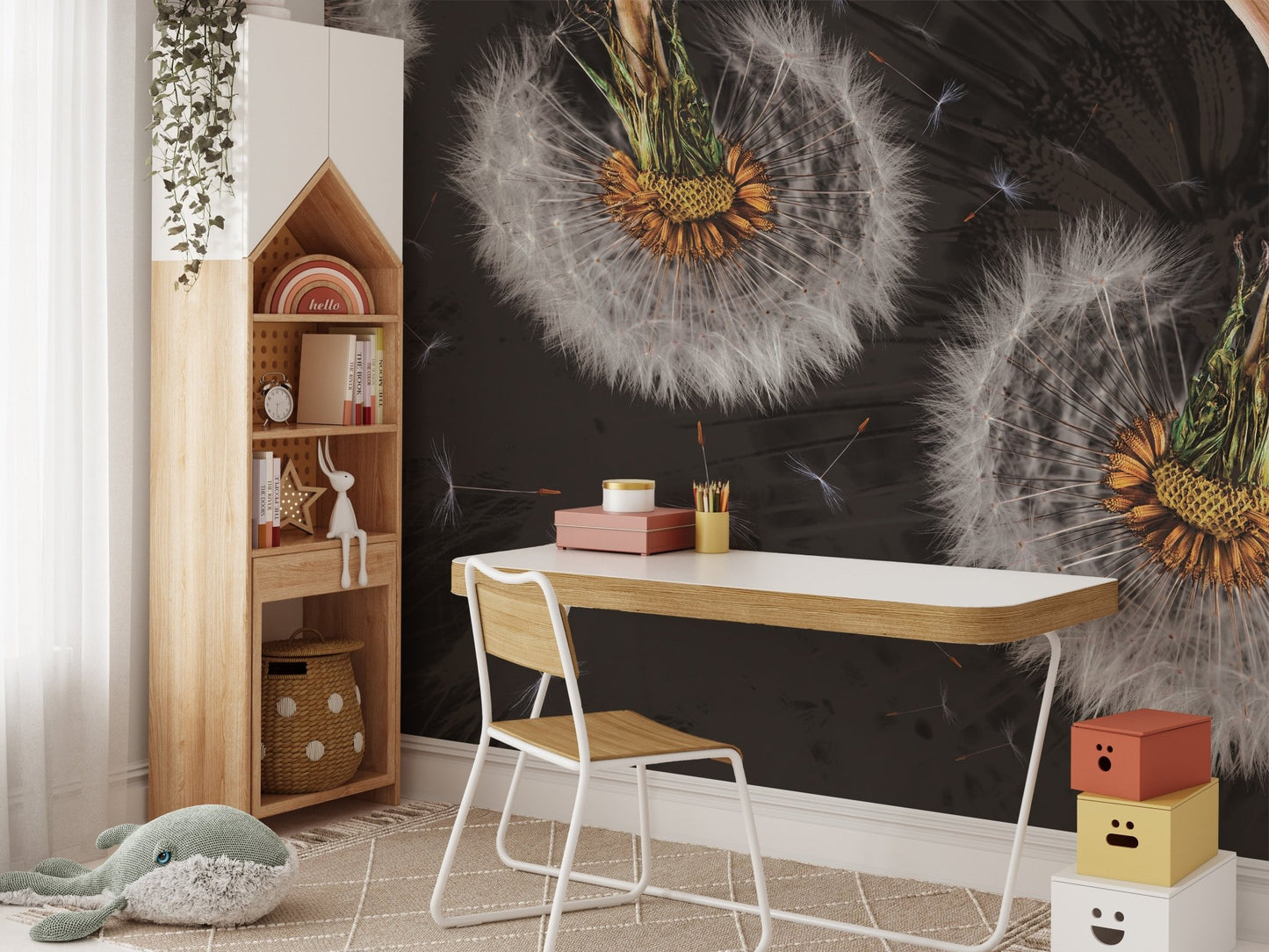 Airborne dandelion wall mural with soft, whimsical design in study space.
