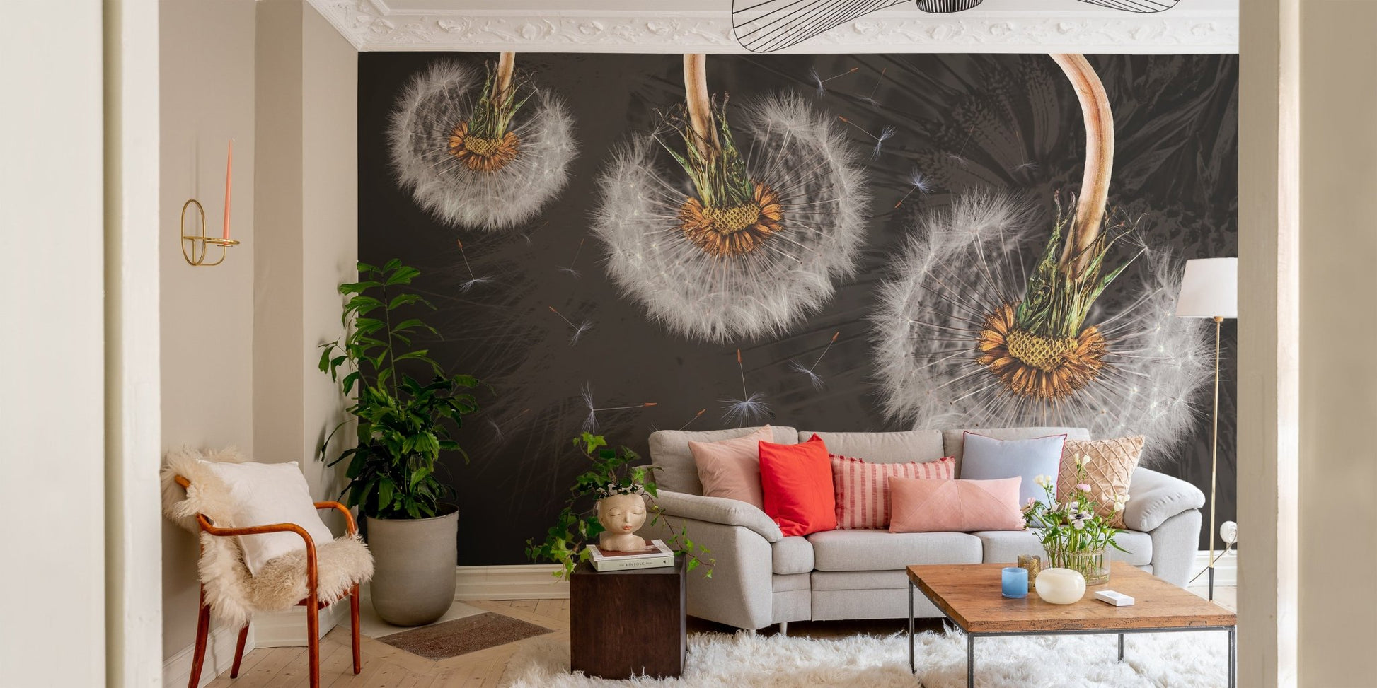 Whimsical dandelion blooms wall mural with floating seeds in living area.
