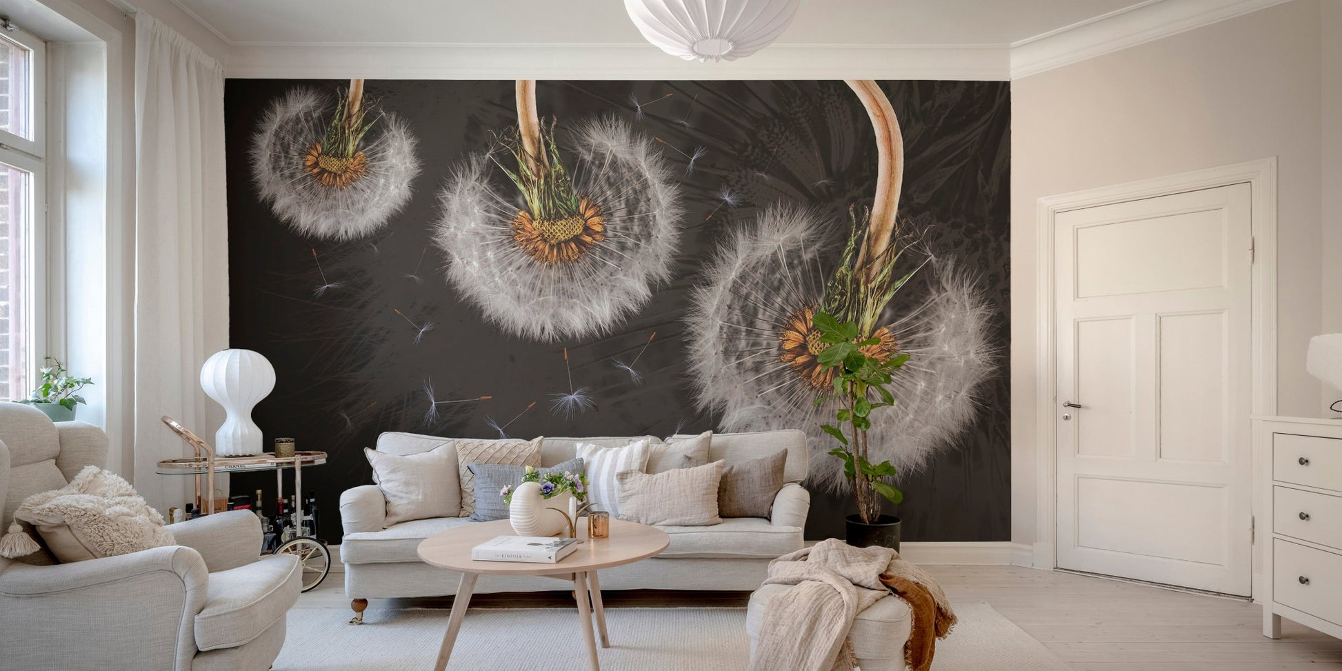 Airborne dandelion mural for calming and stylish living area walls.
