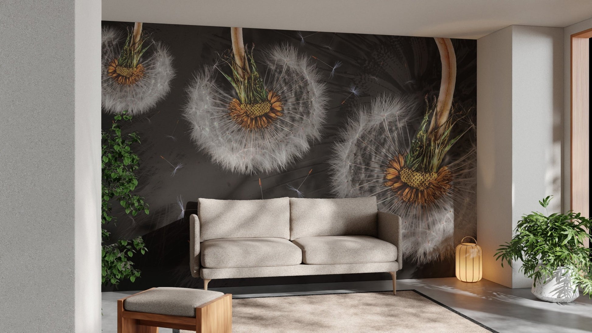 Soft dandelion wall mural with graceful airborne blooms in minimal living space.
