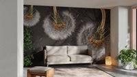 Soft dandelion wall mural with graceful airborne blooms in minimal living space.
