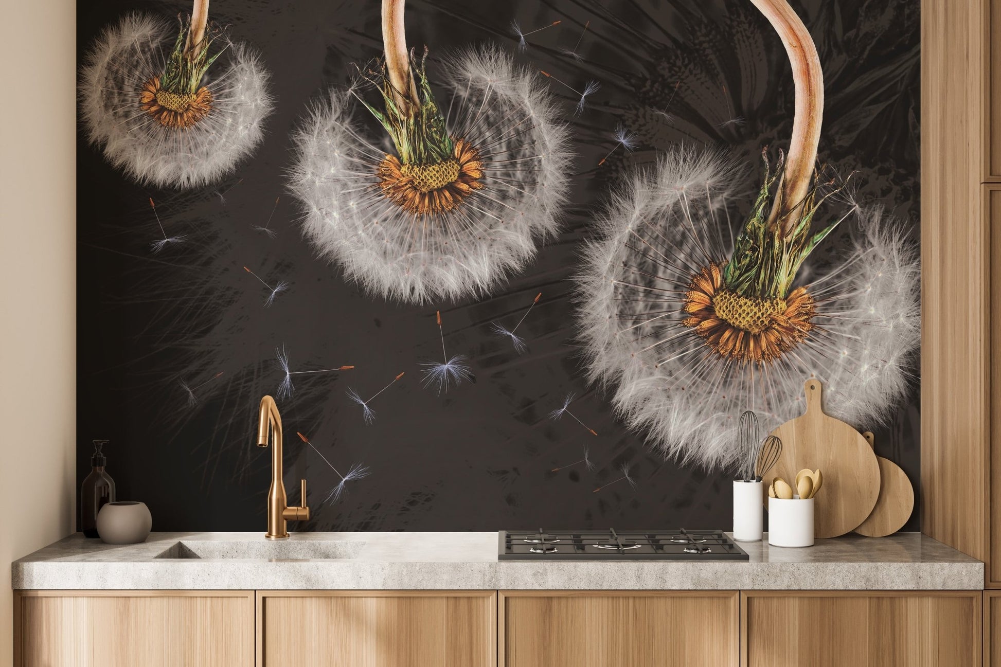 Artistic dandelion wall mural featuring floating blossoms in kitchen backdrop.