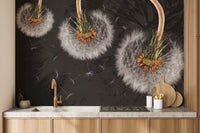 Artistic dandelion wall mural featuring floating blossoms in kitchen backdrop.