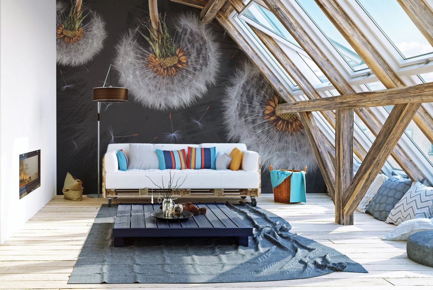 Airborne dandelion seeds mural for a dreamy wall design in attic living space.
