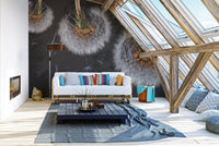 Airborne dandelion seeds mural for a dreamy wall design in attic living space.
