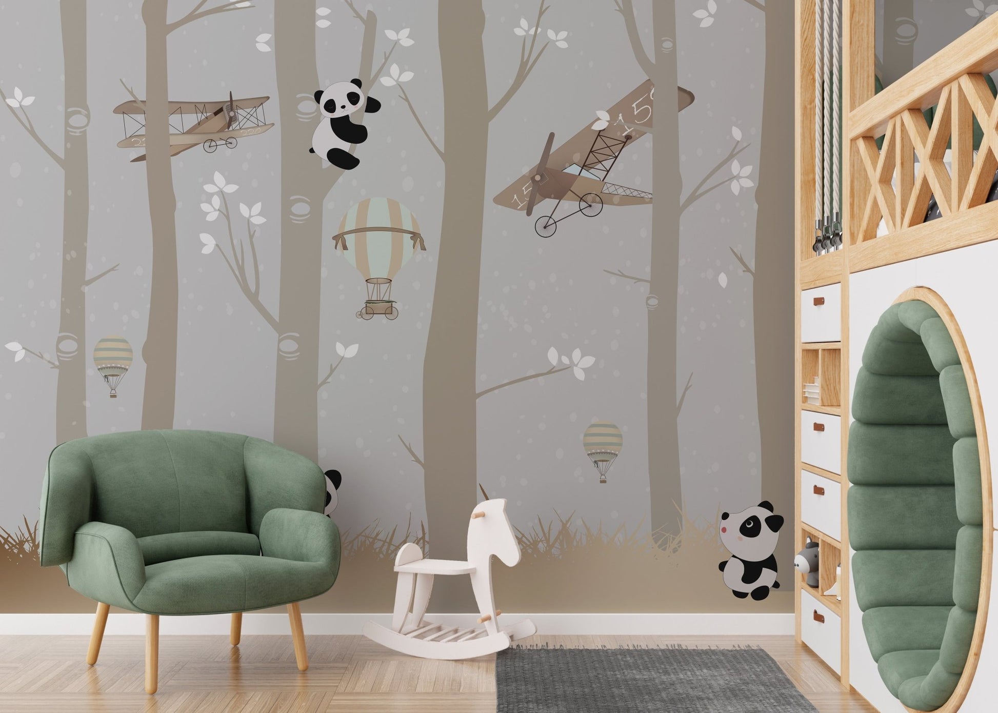 Hot air balloon panda wall mural in a playroom with a green armchair.