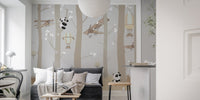 Airborne Pandas and Forest Delight Murals in a living room with a grey sofa.