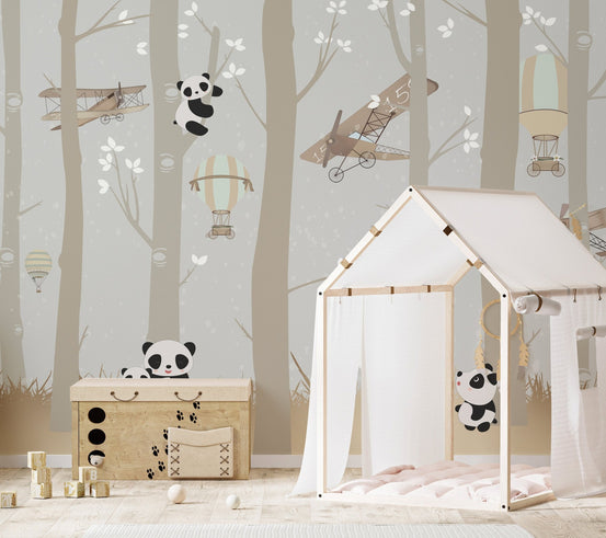 Airborne Pandas and Forest Delight Murals in a kids bedroom with a wooden house bed.