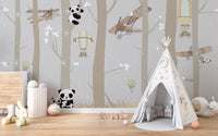 Airborne Pandas and Forest Delight Murals in a nursery with a white teepee tent.