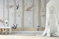 Grey and beige wall mural featuring planes and pandas in a minimalist nursery.