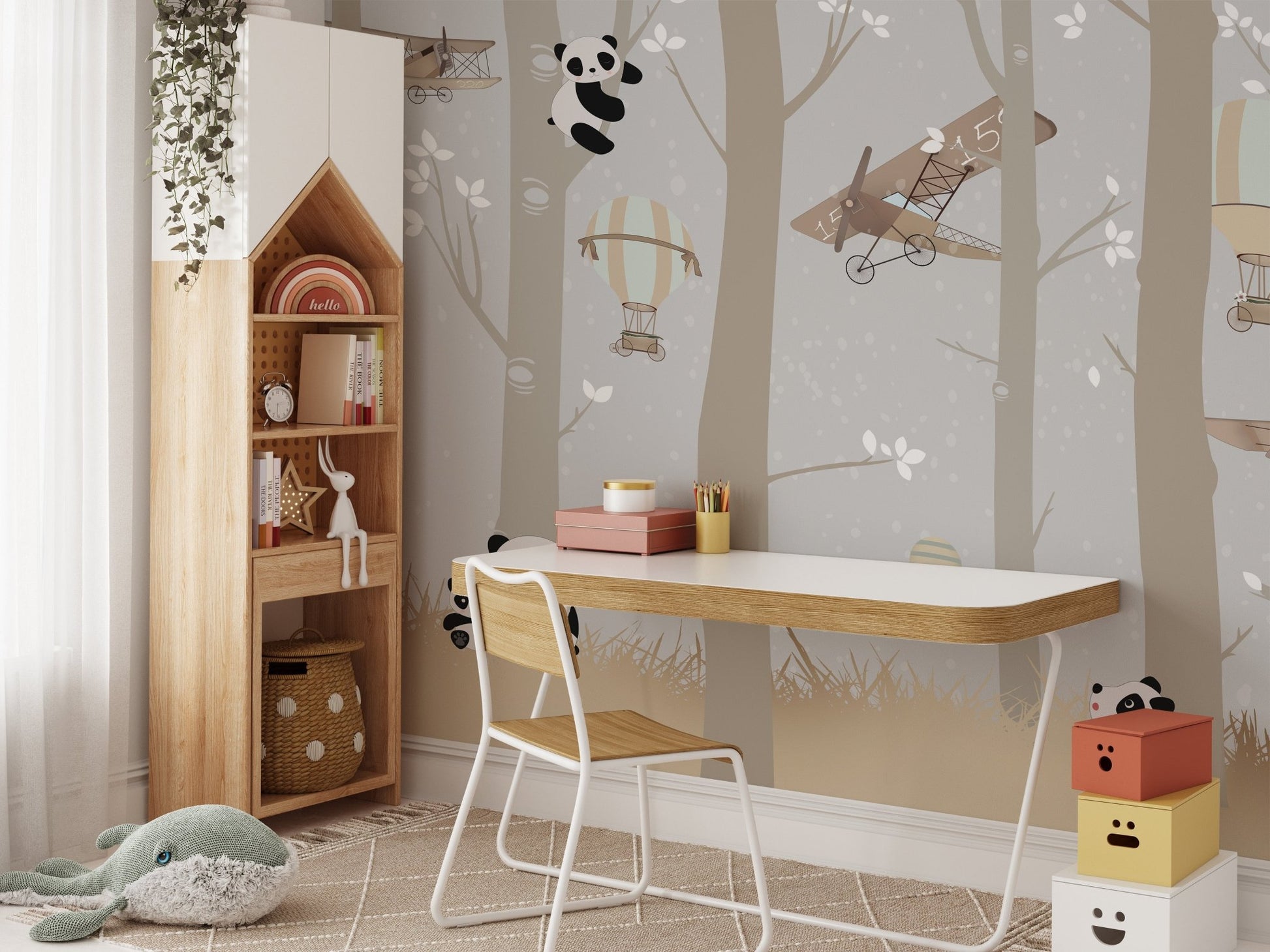 Grey forest wall mural with airplanes in a study room featuring a wooden desk.