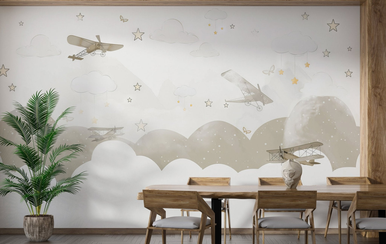 Muted palette sky wall mural with vintage aircraft for dining room.